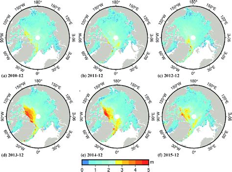 Arctic sea ice thickness data products in December from 2010 to 2015 ...