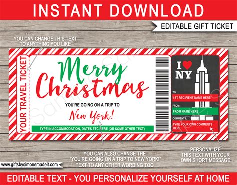 Christmas New York Travel Ticket Template Surprise Nyc Trip Getaway