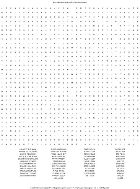 Adult Swim Anime Word Search Hard Logic Lovely