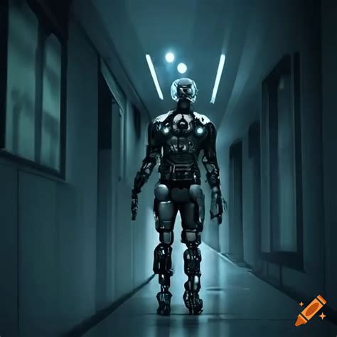 Cyborg Walking Down A Dark Hallway