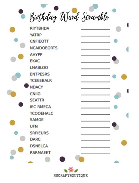 Birthday Word Scramble And Answers Instant Download Etsy