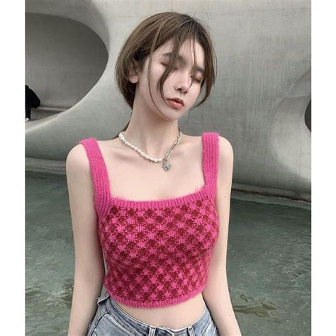 Rose Red Plaid Knitted Small Camisole Women Summer Pure Desire Sweet Hot Girl Short Style Inner