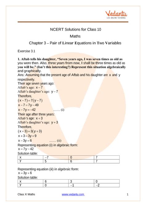 Linear Equations In Two Variables Class 10 Ssc New Syllabus Pdf