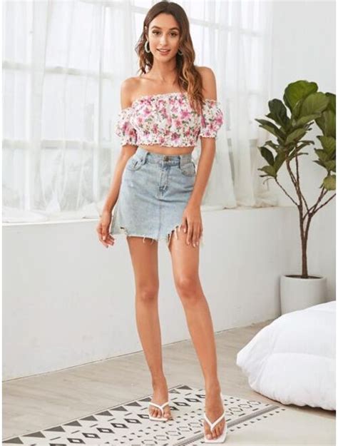 Buy Off Shoulder Frill Trim Shirred Floral Top Online Topofstyle