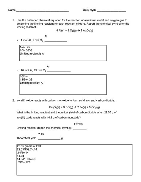 Ch 9 Limiting Reactants And Theoretical Yields 2 Name Uga