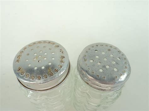 Vintage Anchor Hocking Glass Waffle Salt Pepper Shakers W Aluminum