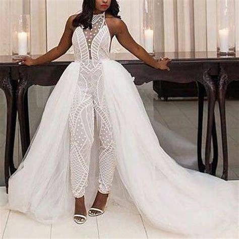 White Bridal Jumpsuit With A Long Detachable Train Prom Etsy In 2021 White Jumpsuit Wedding