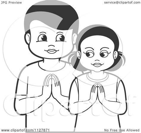 Clipart Of A Black And White Boy And Girl Praying - Royalty Free Vector ...