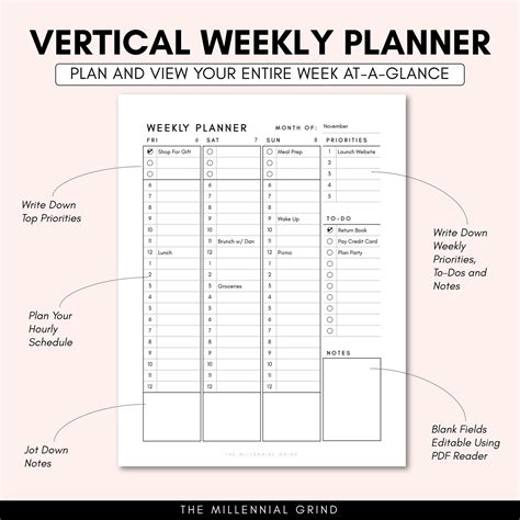 Vertical Weekly Planner Printable Vertical Weekly Planner Insert