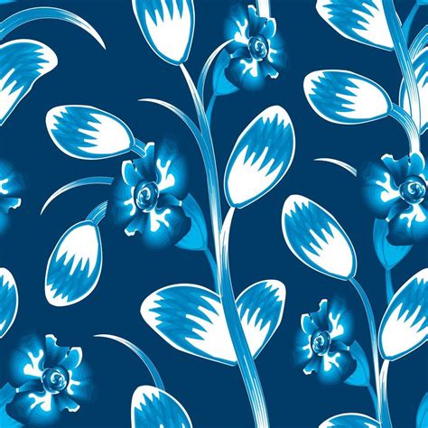 Blue Monochromatic Color Floral Plants Leaves And Abstract Flowers Tropical Seamless Pattern On