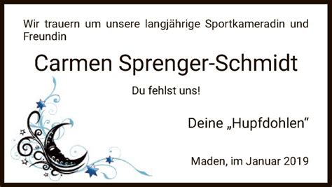 Traueranzeigen Von Carmen Sprenger Schmidt Trauer HNA De