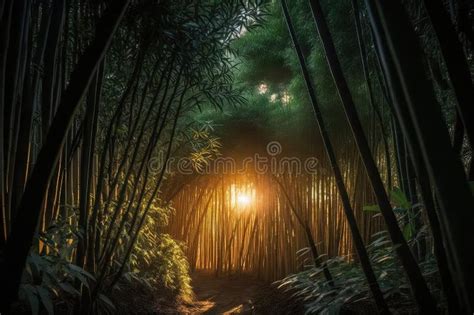 Bamboo Forest at Sunrise, with the Sun Peeking through the Trees Stock ...