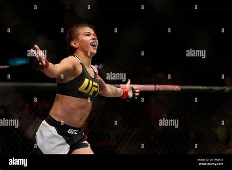 Claudia Gadelha Of Brazil Celebrates After Defeating Karolina