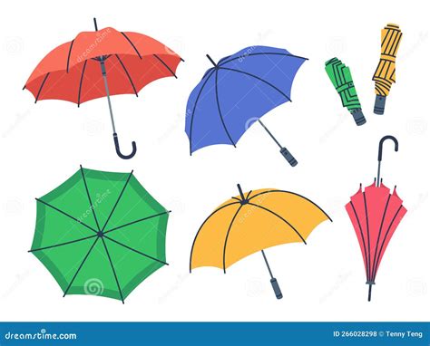 Cartoon Umbrellas Hand Drawn Open Close And Folded Umbrella Rainy