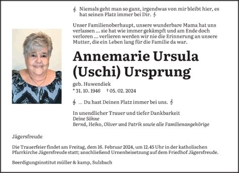 Traueranzeigen Von Annemarie Ursula Ursprung Saarbruecker Zeitung