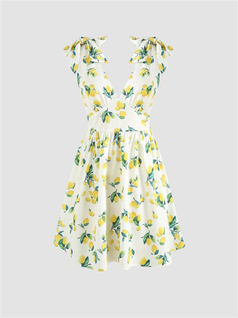 Hoco Dress Homecoming Lemon Print Tie Shoulder Mini Dress For Vacation Picnic