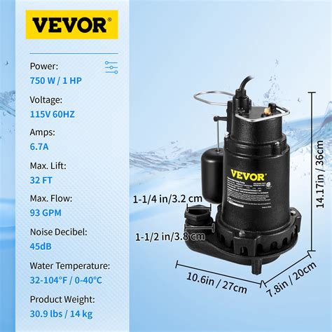 Vevor 1hp Sewage Pump 5600 Gph Cast Iron Submersible Sump Pump With Automatic Snap Action Float