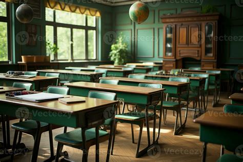 foto salón de clases interior con colegio escritorios sillas y verde