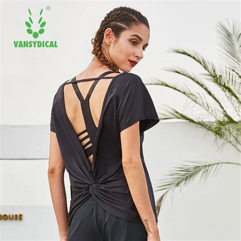 Vansydical Sports Tops Womens Gym Yoga Shirts Short Sleeve Sexy Exposed Back Breathable Fitness