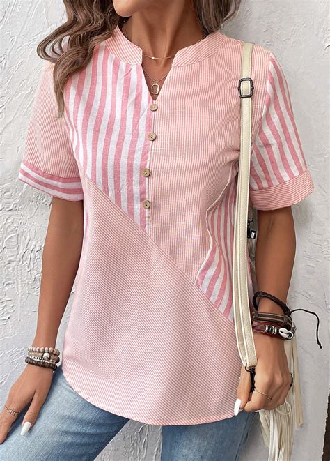 Pink Patchwork Striped Short Sleeve Split Neck Blouse