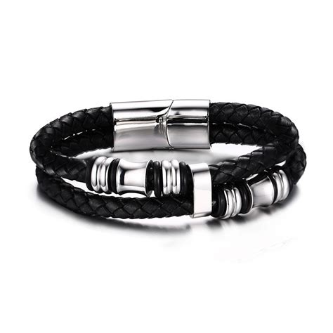 BOBIJOO Jewelry Pulsera Real De Cuero Negro De Acero Inoxidable