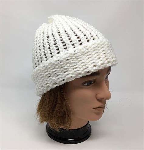 White Rolled Brim Hat Loom Knitted Hat Winter Hat Warm Hat Etsy