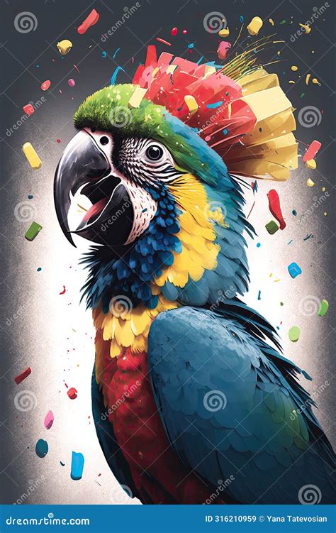 Happy Macaw Parrot In Party Hat And Birthday Confetti Stock Image