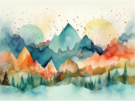 Premium AI Image | A watercolor painting of mountains with a blue sky and the sun shining ...