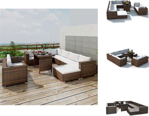 VidaXL 10 Delige Loungeset Met Kussens Poly Rattan Bruin Tuinset