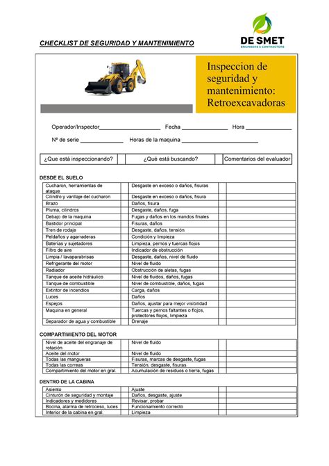 Check List Retroescavadora Equipos De Cargas Pesadas Checklist De