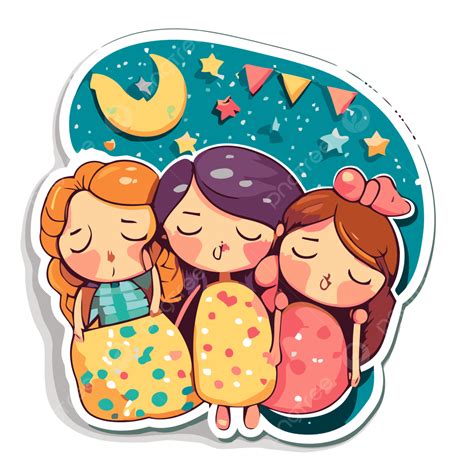 Cartoon 3 Girls Sleeping On The Moon Sticker Clipart Vector Slumber Party Slumber Party