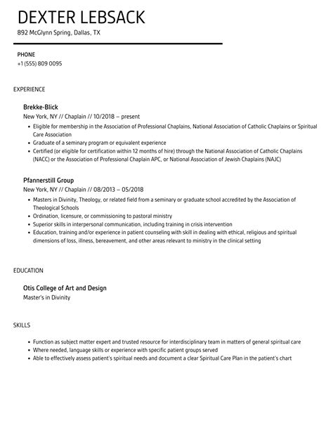 Chaplain Resume Samples Velvet Jobs