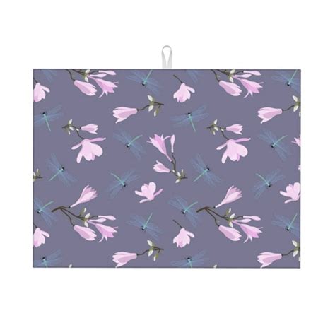 Large Dish Drying Mats For Kitchen Counter Mauve Flower Dragonfly