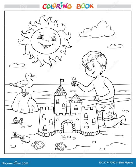 Libro Para Colorear O Página El Niño Está Construyendo Un Castillo De