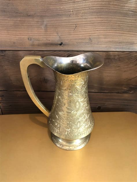 Large Vintage Etched Brass Pitcher Etsy