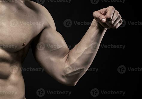 Image Of Very Muscular Man Posing With Naked Torso Stock Photo