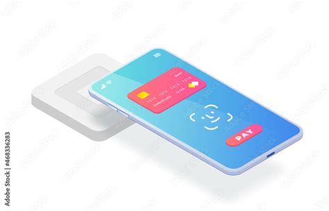 Isometric Emv Chip Credit Card Square Reader Secure Cashless Payment Via Smartphone Face Id