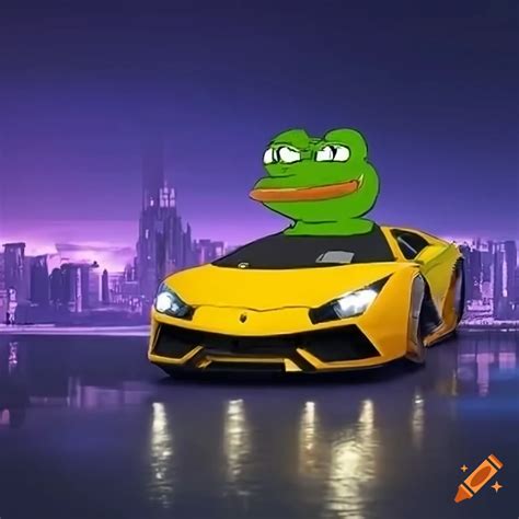 Pepe The Frog Driving A Yellow Lamborghini In A Sci Fi City Road With