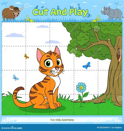 Cortar Y Jugar Puzzle Animal Game Para Niños Gato Ilustración Del