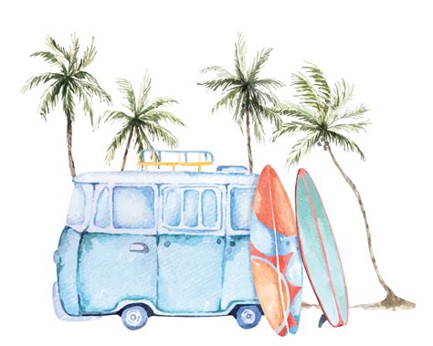 Travel Van At The Beach Surf Board And Palm Tree With Watercolor