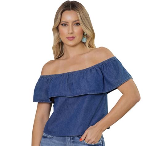 Blusa Cropped Jeans Feminina Ciganinha Ombro No Shoptime