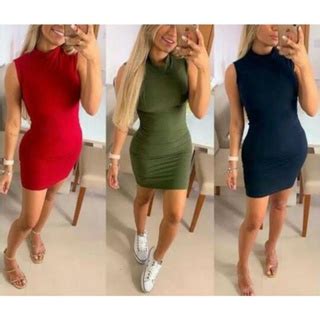 Vestido Feminino Curto Canelado Gola Alta Manga Cavada Shopee Brasil