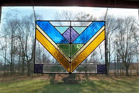 Stained Glass Window Panel With Chevrons Etsy Stained Glass Window Panel Stained Glass