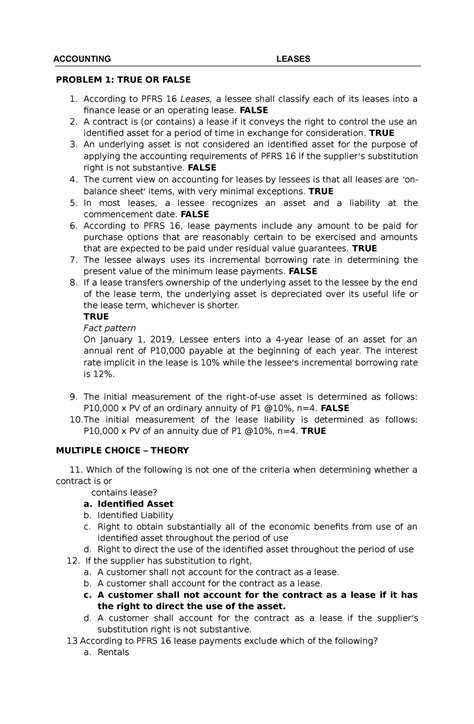 Accounting Leases Problem 1 True Or False According To Pfrs 16 Leases A Lessee Shall