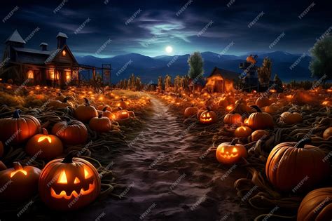 Halloween Pumpkins In A Pumpkin Patch With A Full Moon In The