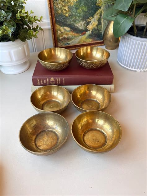 Vintage 1970s Small Etched Solid Brass Bowls Set Of 6 Egyptian