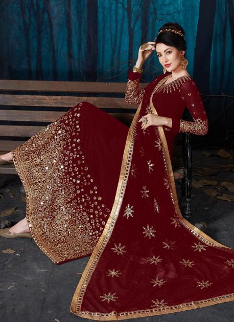 Buy Maroon Georgette Wedding Wear Mirror Work Anarkali Suit Online From