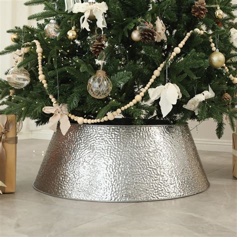 Silver Metal Christmas Tree Collar 28 Round Base Cover Tree Ring