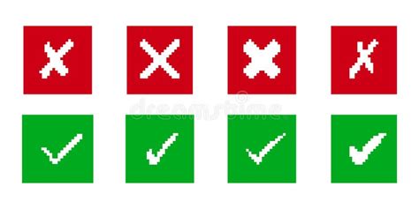 Pixel Green Check Marks And Red X Icons Set In Squares Correct And