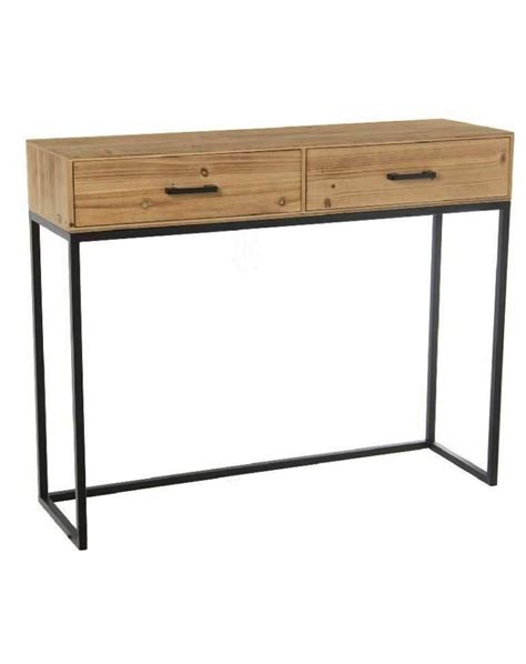 A Wooden Desk With Two Drawers And Metal Legs